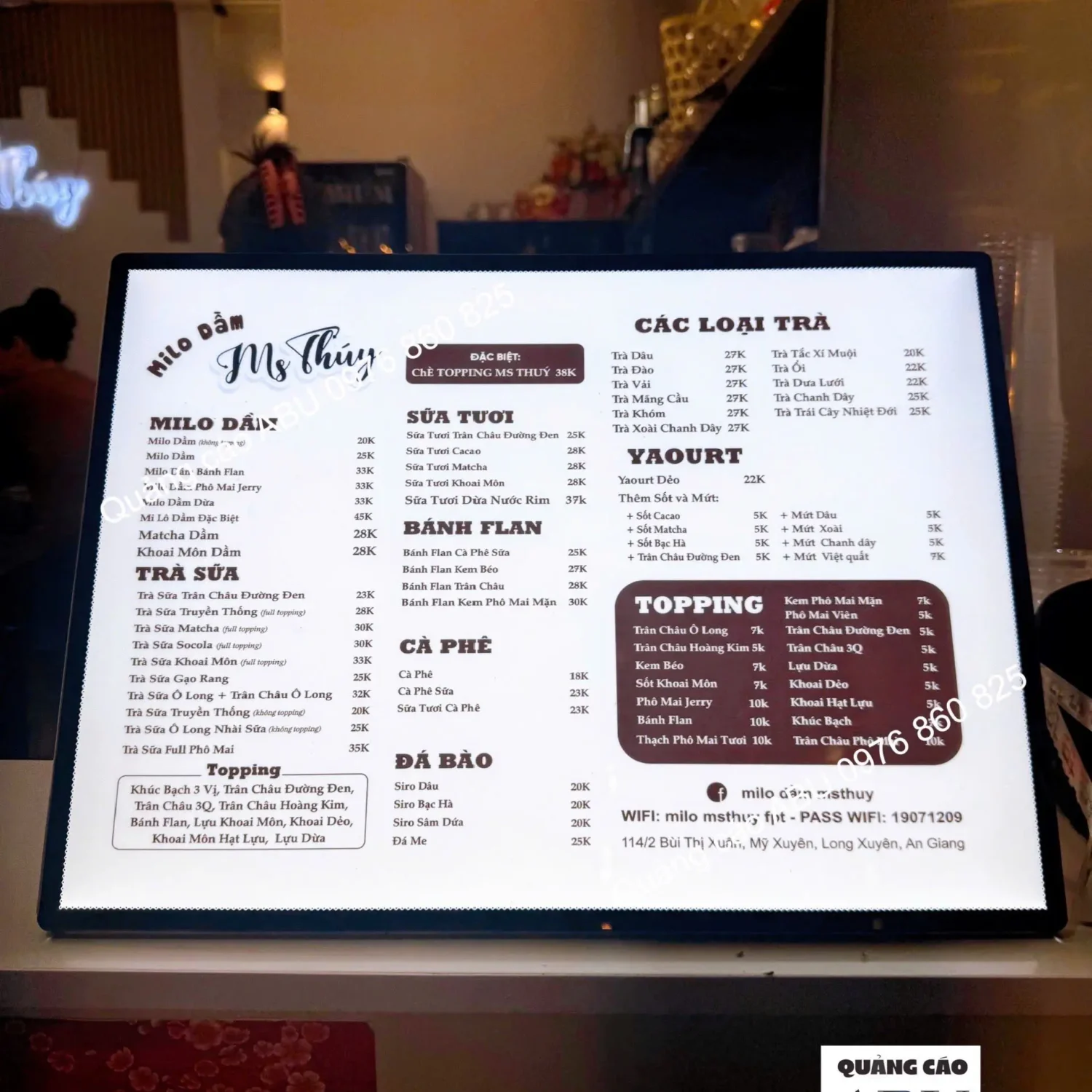Bảng menu đèn cho quán nước MS THUÝ