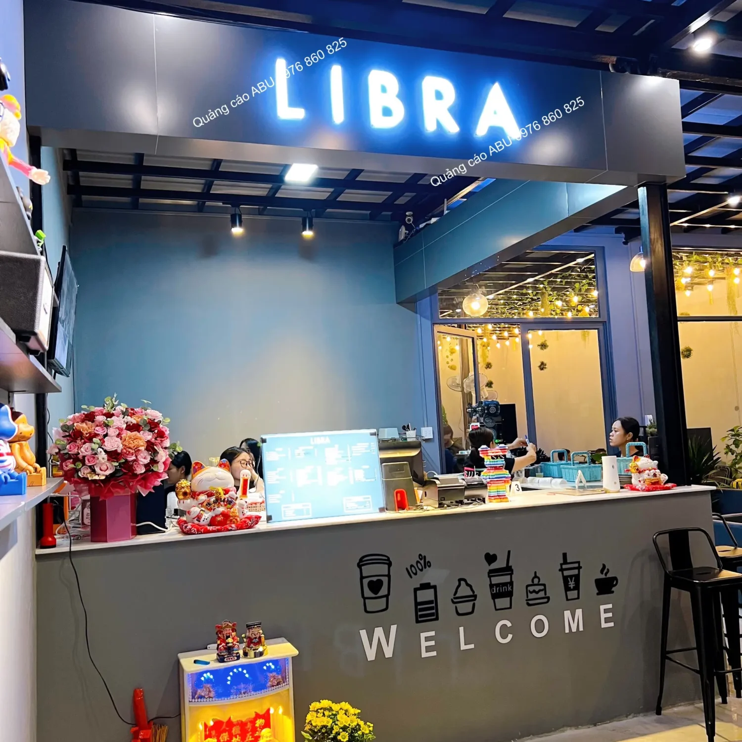 Bảng alu trang trí quầy nước Libra