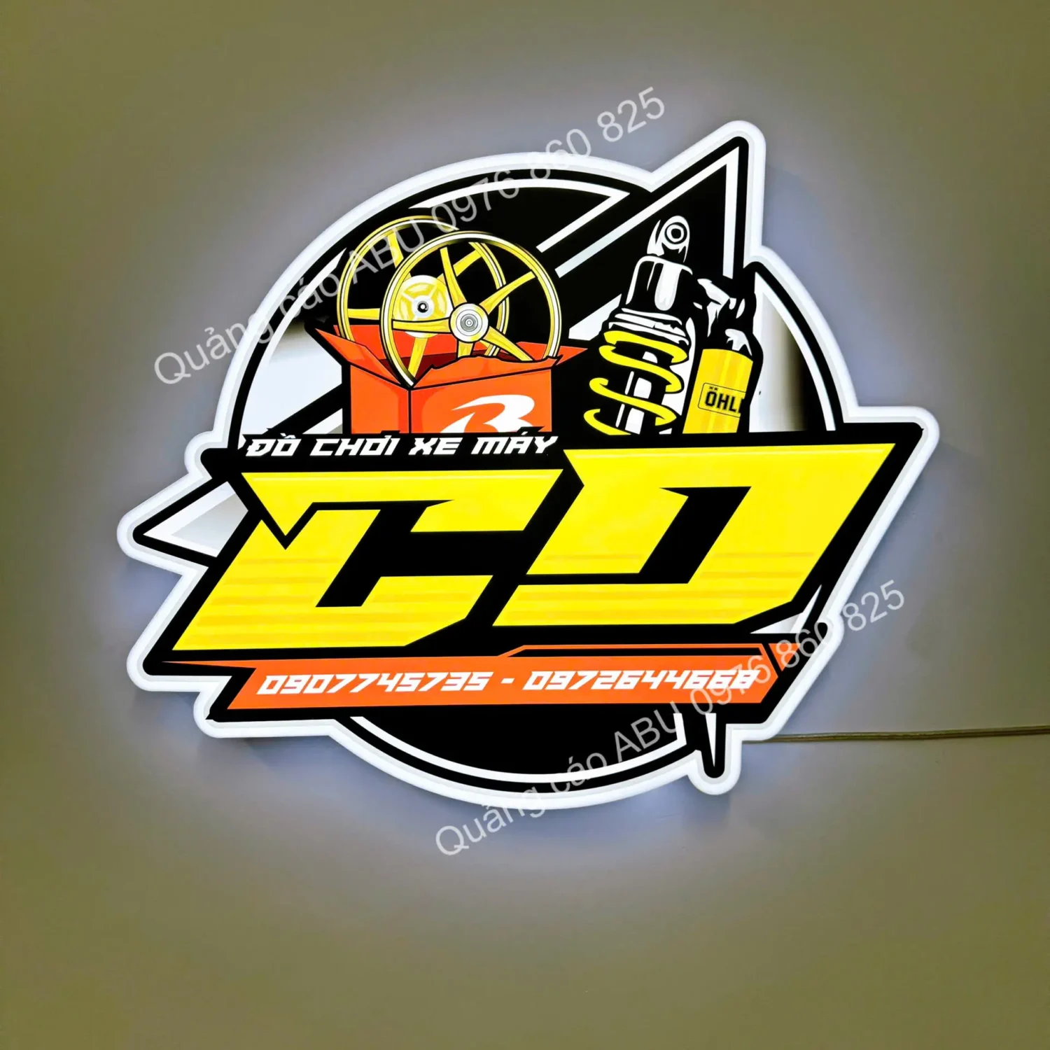 Logo đèn treo tường tiệm phụ tùng xe máy Châu Ngọc Chiếu